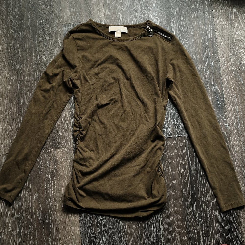 Michael Kors ruched top with zipper- Olive Green